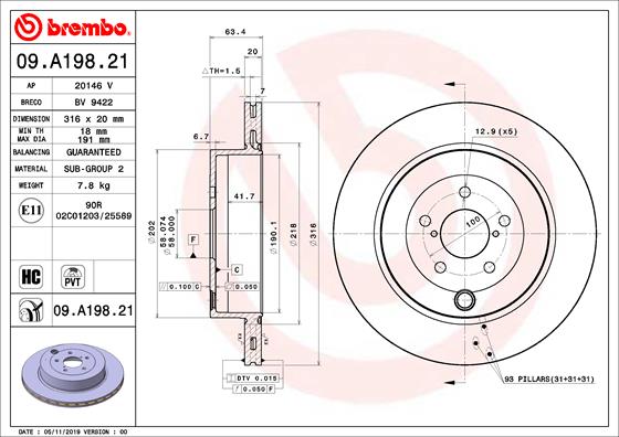 Диск тормозной задний BREMBO 09.A198.21