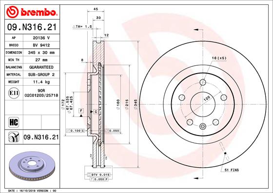 Диск тормозной передний BREMBO 09.N316.21