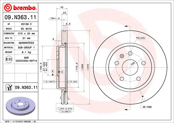 Диск тормозной задний BREMBO 09.N363.11