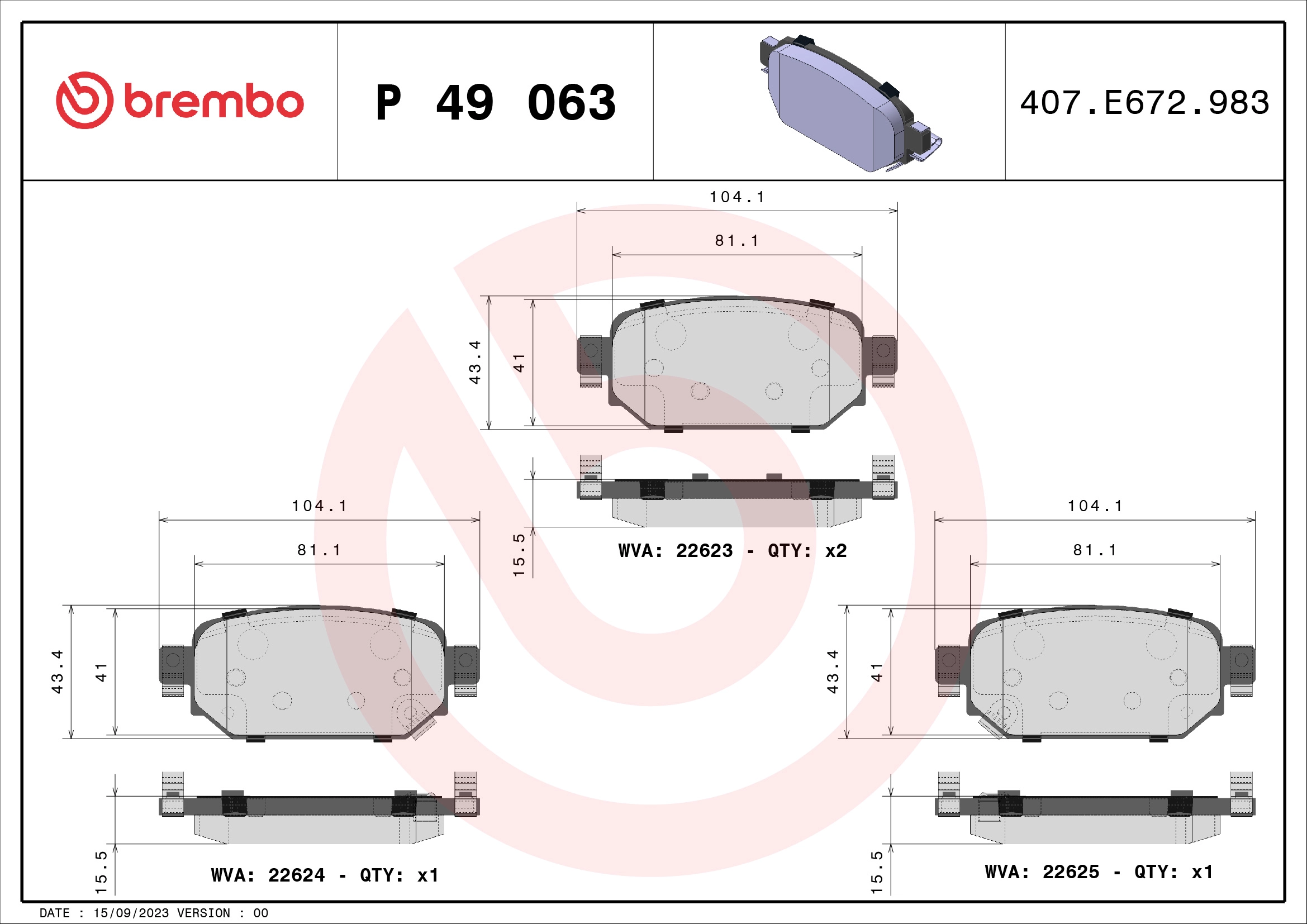 Колодки тормозные дисковые задние BREMBO P49063