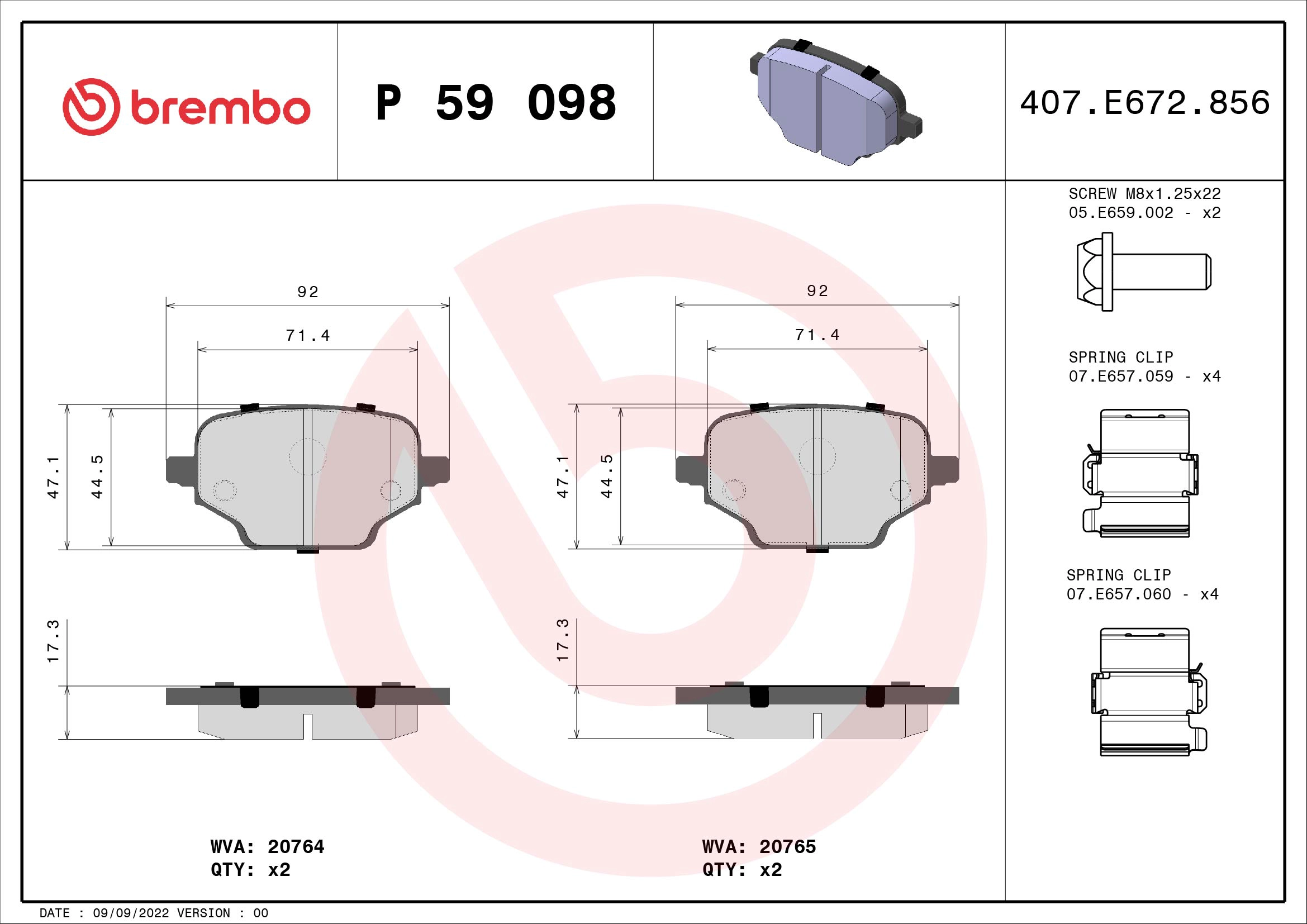 Колодки тормозные дисковые задние citroën berlingo er ec 06/18- / citroë BREMBO P59098