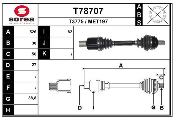 T78707 привод передний левый 526 мм акпп EAI T78707