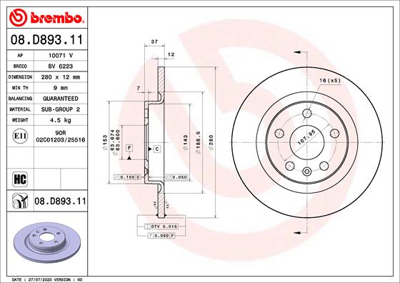 Диск тормозной BREMBO 08.D893.11