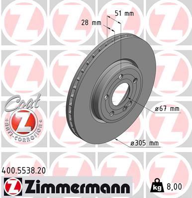 Диск тоpм mer a-class (w177) 18- пер вент 5 отв 305x28 ZIMMERMANN 400.5538.20