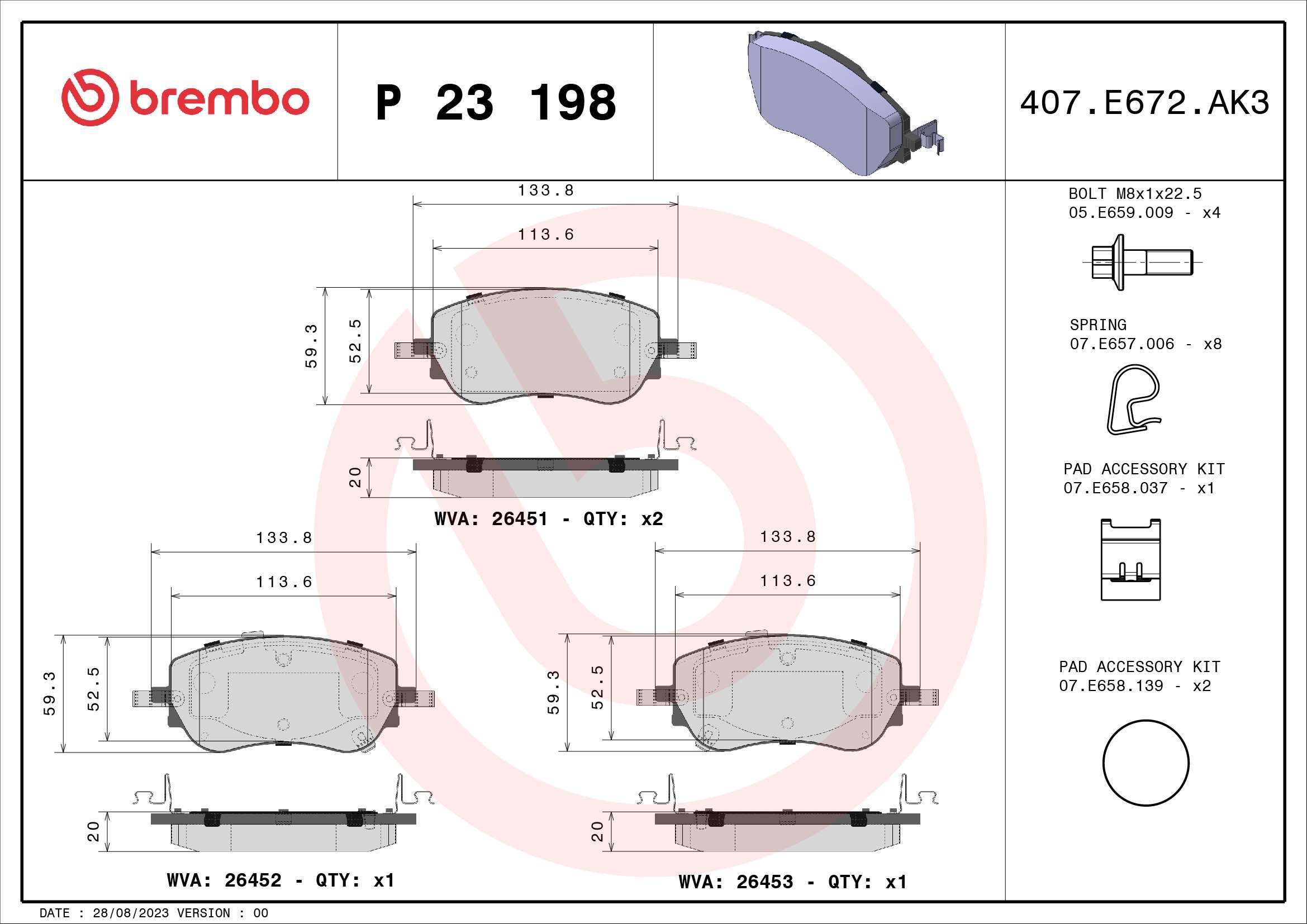Колодки тормозные дисковые комплект BREMBO P23198