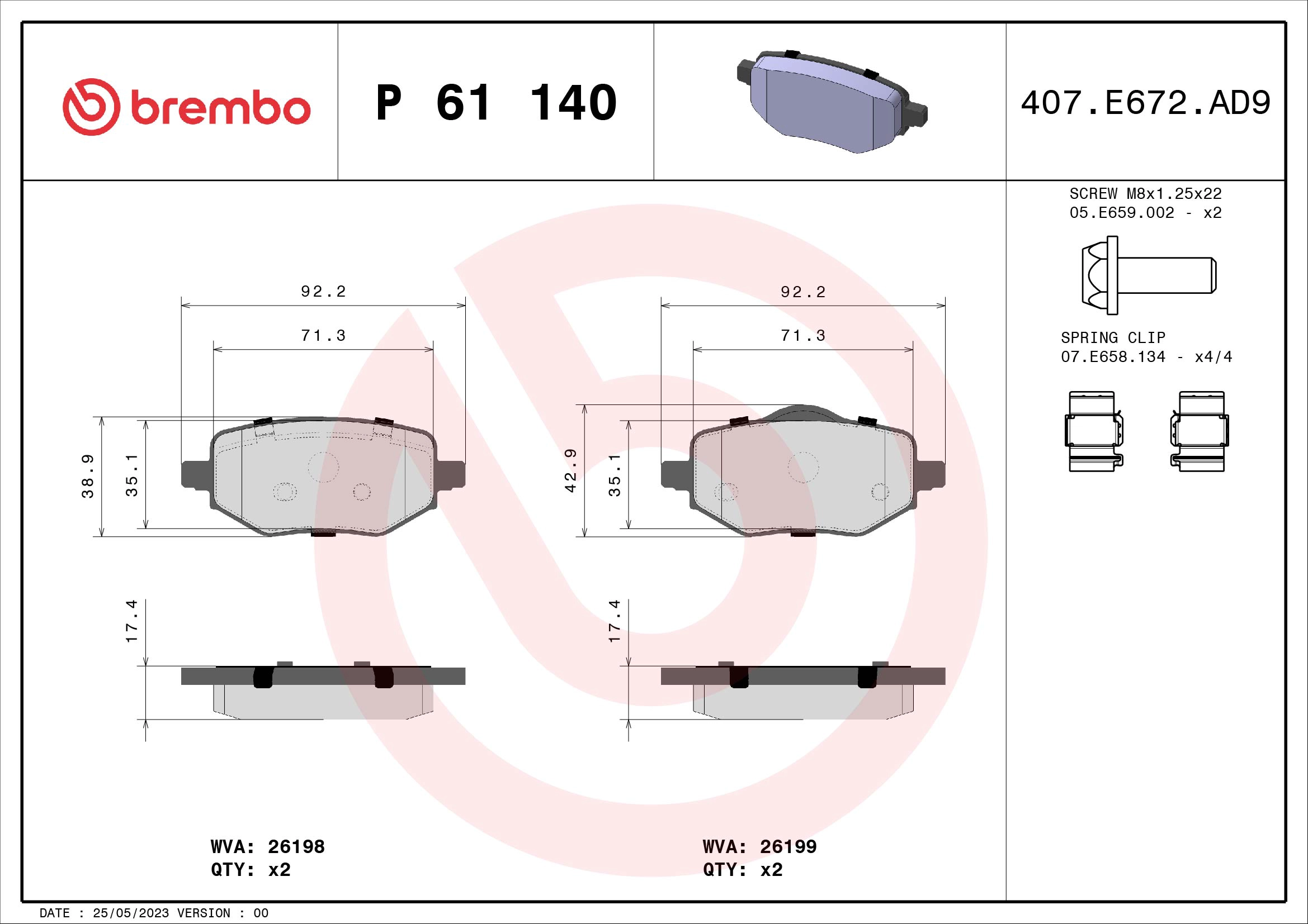 Колодки тормозные дисковые комплект BREMBO P61140