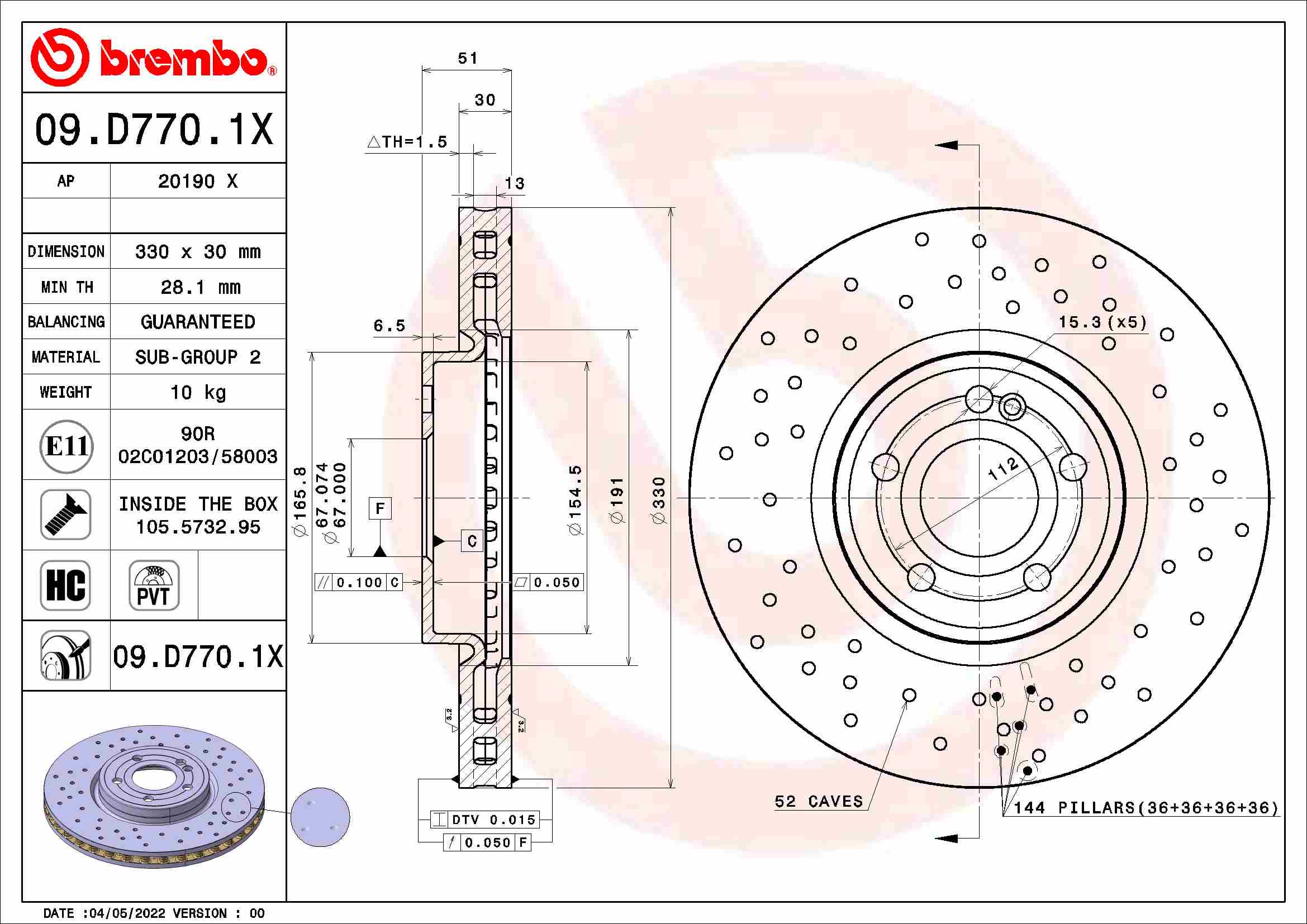 Диск тормозной mercedes-benz b-class sports tourer (w247) b 250 e (247.086) 2020- BREMBO 09.D770.1X