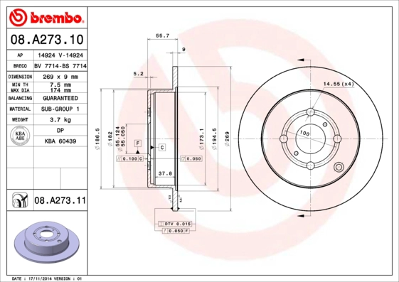 Диск тормозной BREMBO 08.A273.10
