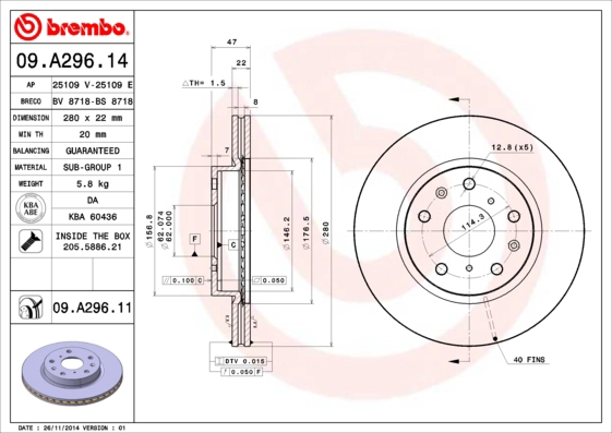 Диск тормозной BREMBO 09.A296.14