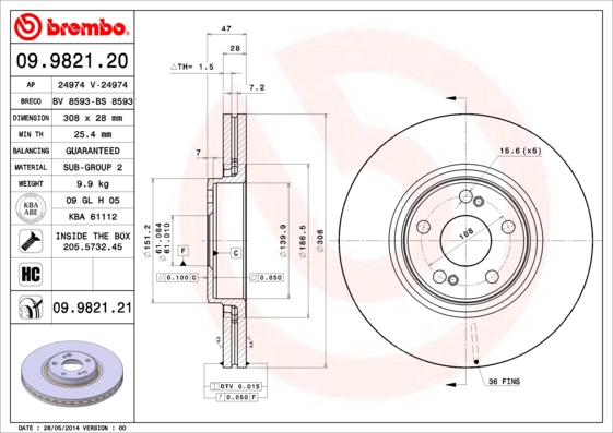 Диск тормозной BREMBO 09.9821.20