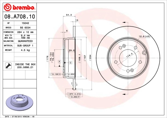 Диск тормозной BREMBO 08.A708.10