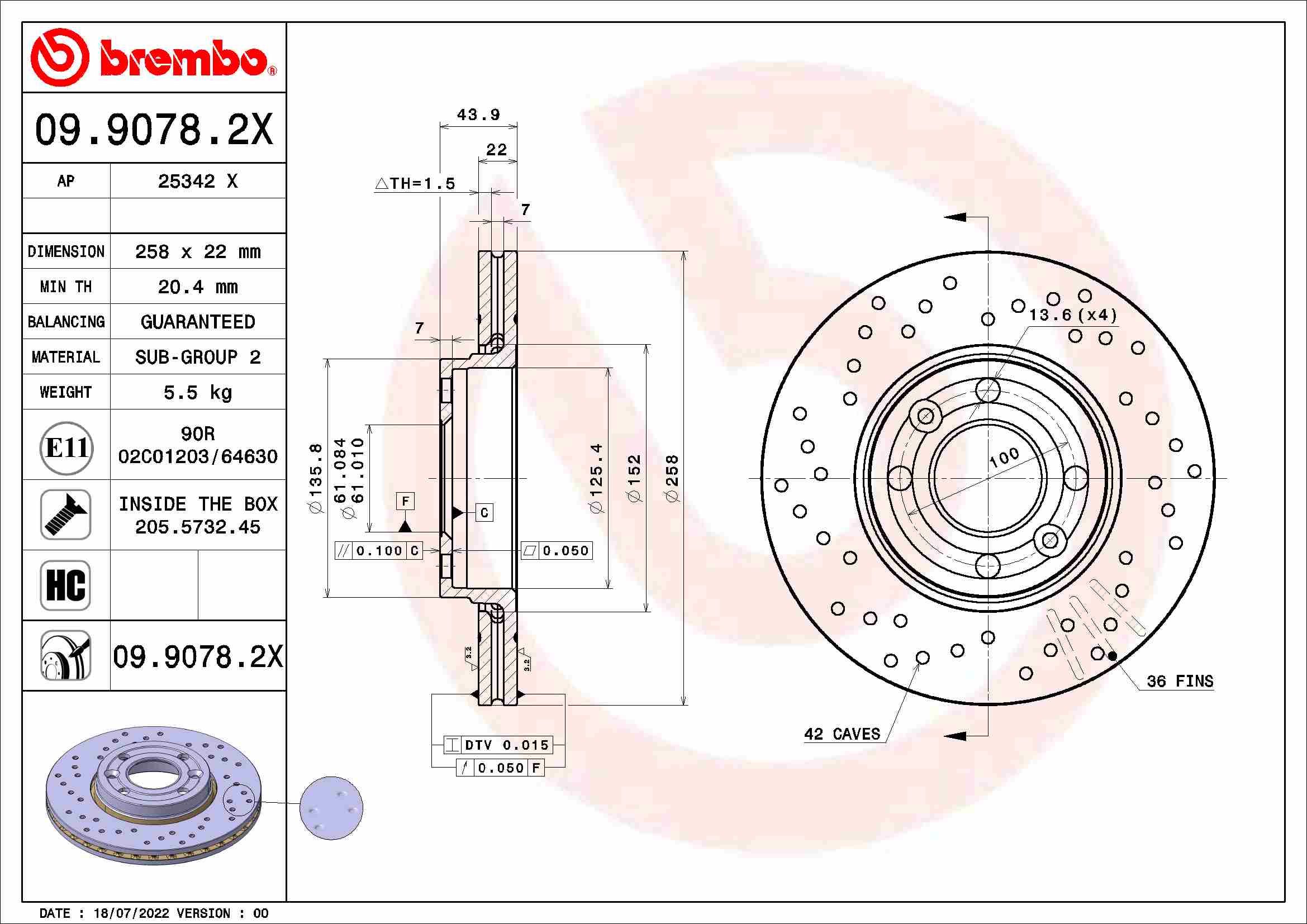 Диск тормозной BREMBO 09.9078.2X