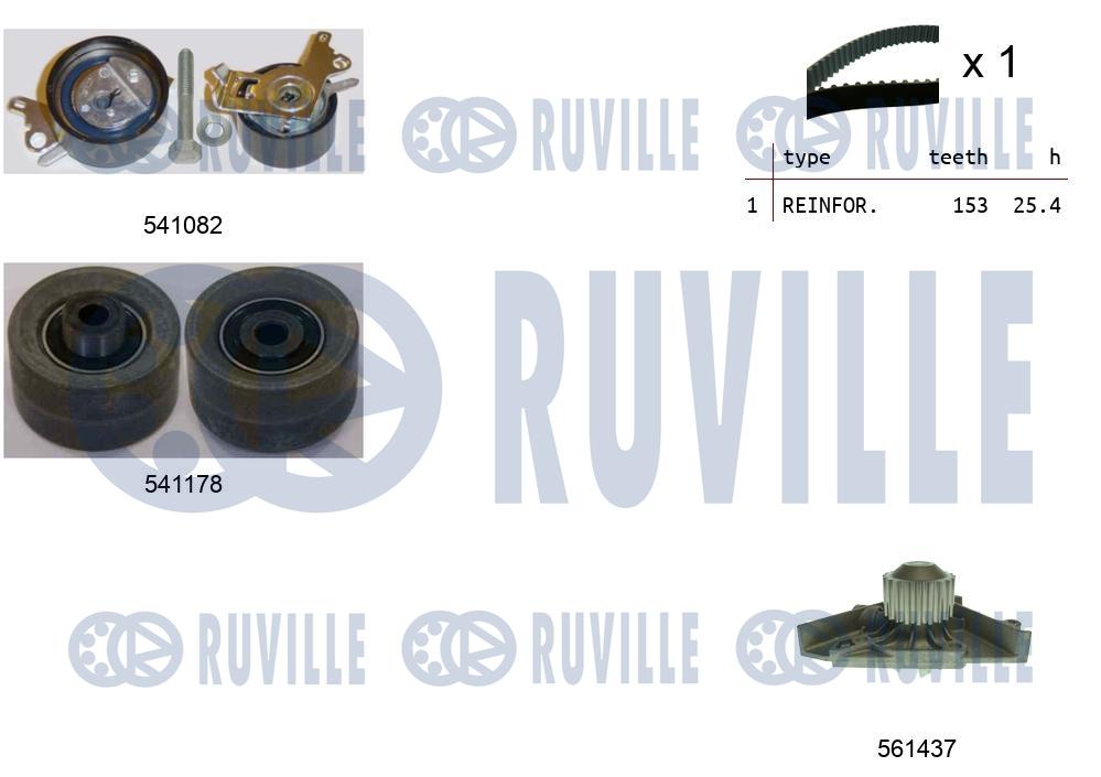 Комплект грм с помпой peugeot 206/307/406/407/c4/c5 1.8/2.0 1999 (2 ролика + ремень 153з.) RUVILLE 5501451