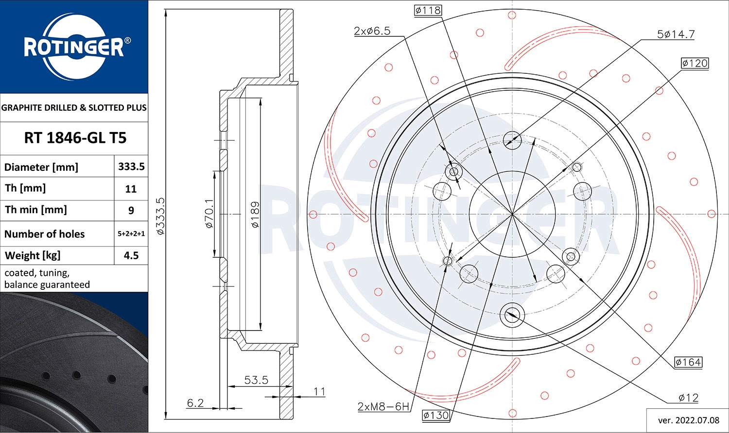 Тормозной диск graphite drilled slotted plus ROTINGER RT 1846-GL T5