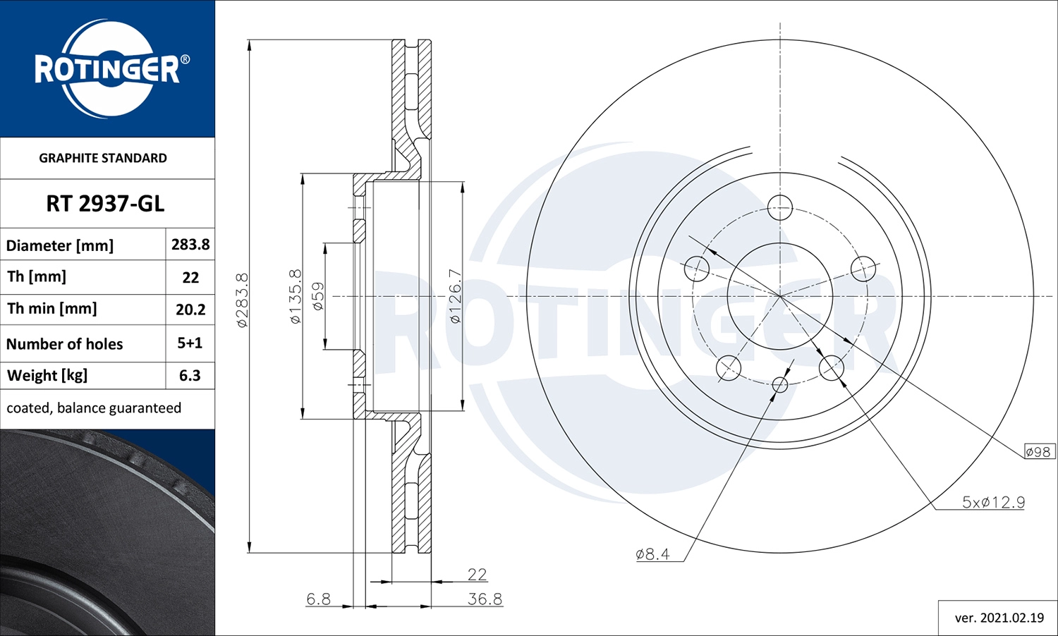 Тормозной диск graphite line ROTINGER RT 2937-GL