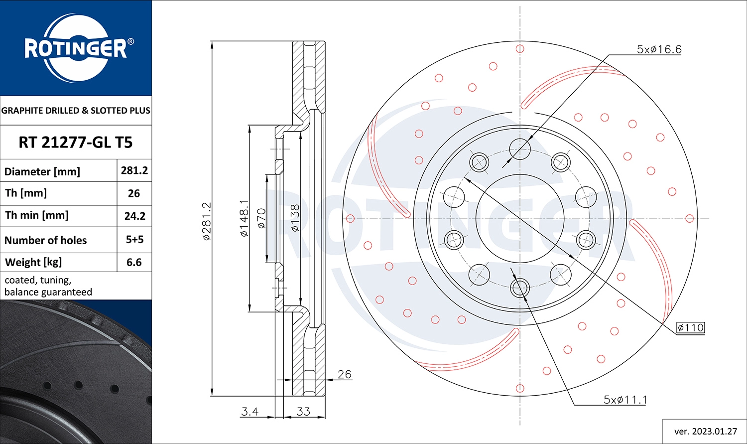 Тормозной диск graphite drilled slotted plus ROTINGER RT 21277-GL T5