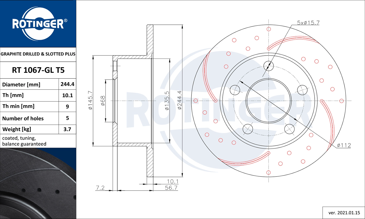 Тормозной диск graphite drilled slotted plus ROTINGER RT 1067-GL T5