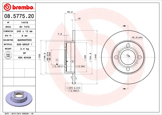Тормозной диск prime line BREMBO 08.5775.20