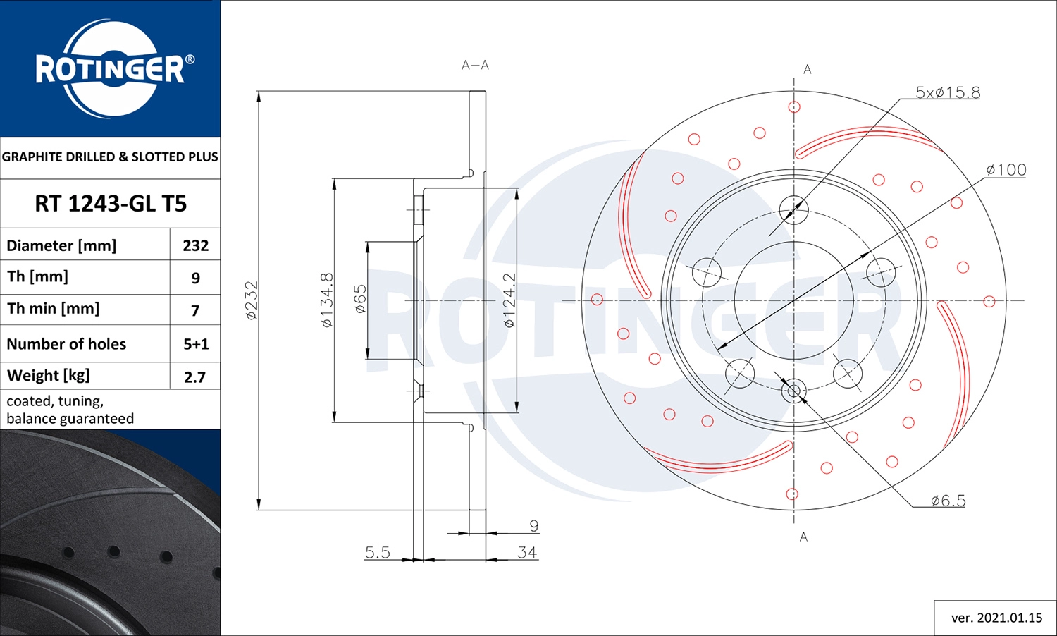 Тормозной диск graphite drilled slotted plus ROTINGER RT 1243-GL T5