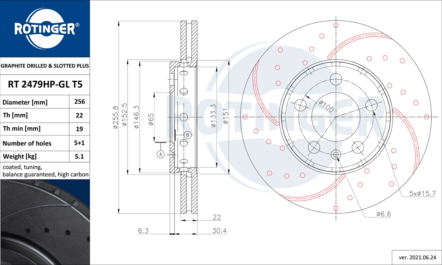 Тормозной диск graphite drilled slotted plus ROTINGER RT 2479HP-GL T5