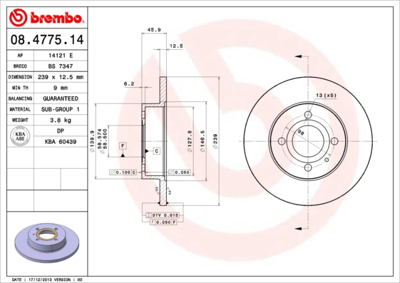 Тормозной диск prime line BREMBO 08.4775.14