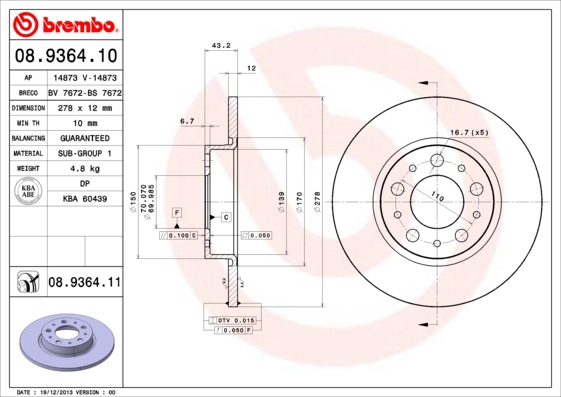 Тормозной диск prime line BREMBO 08.9364.10