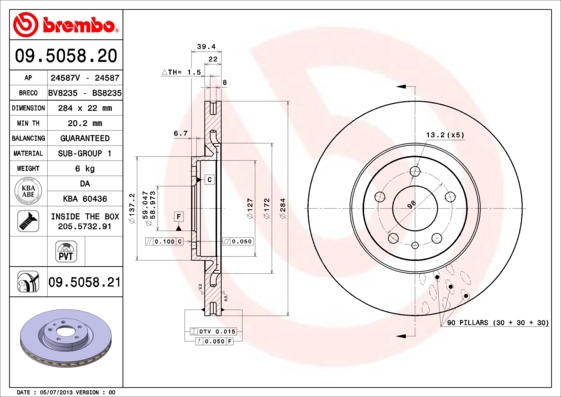 Тормозной диск prime line BREMBO 09.5058.20