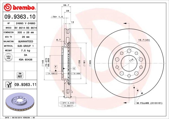 Тормозной диск prime line BREMBO 09.9363.10
