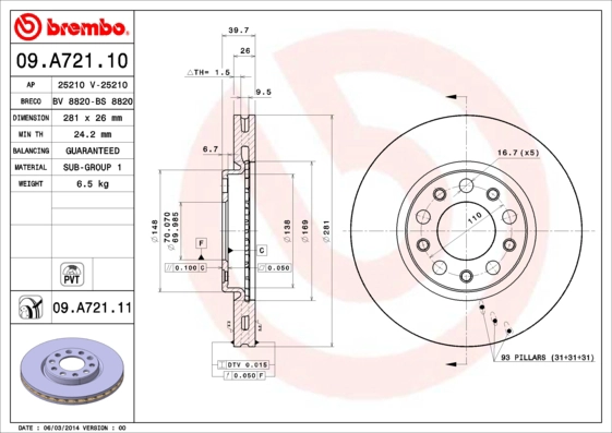 Тормозной диск prime line BREMBO 09.A721.10
