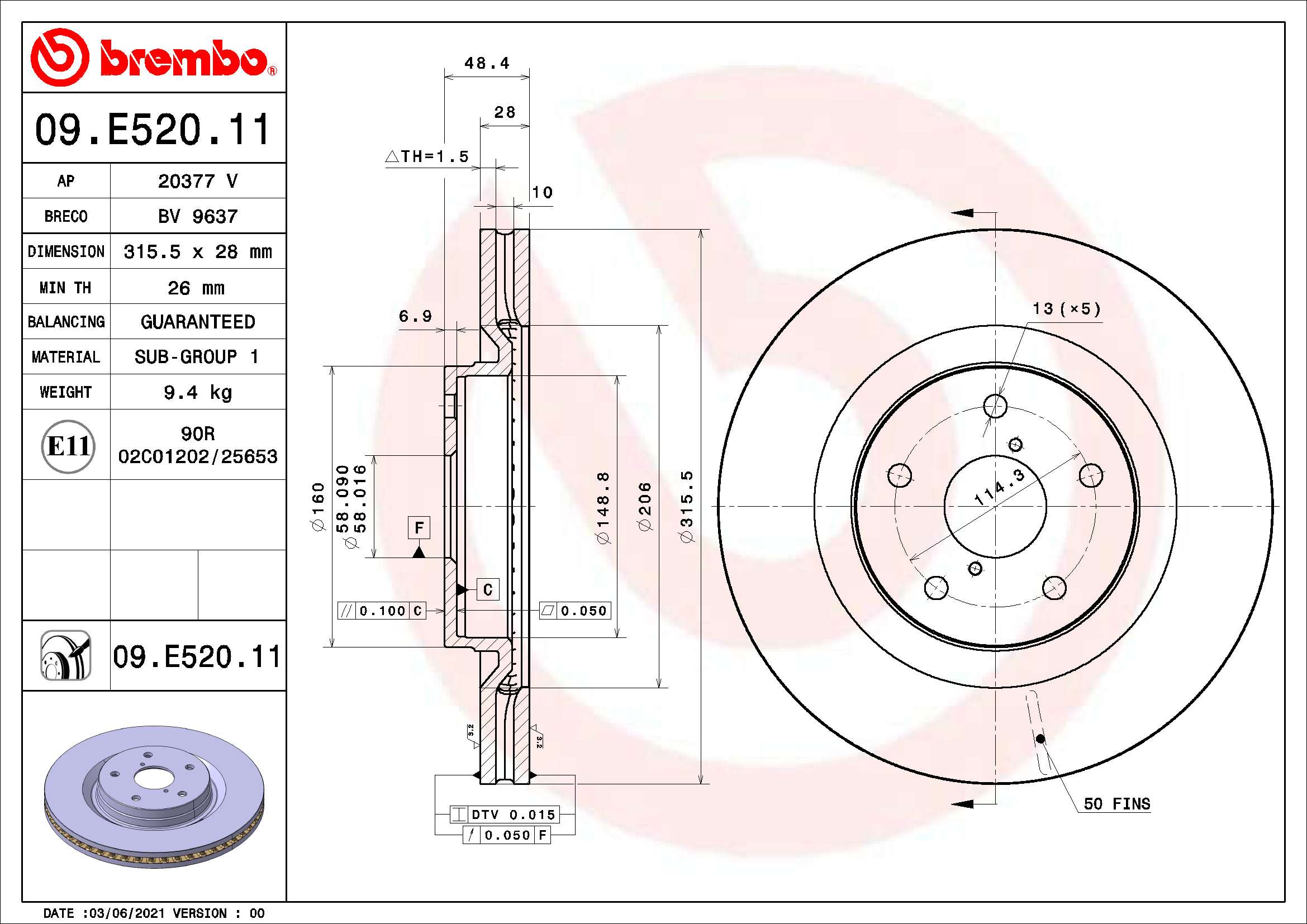 Тормозной диск prime line - uv coated BREMBO 09.E520.11
