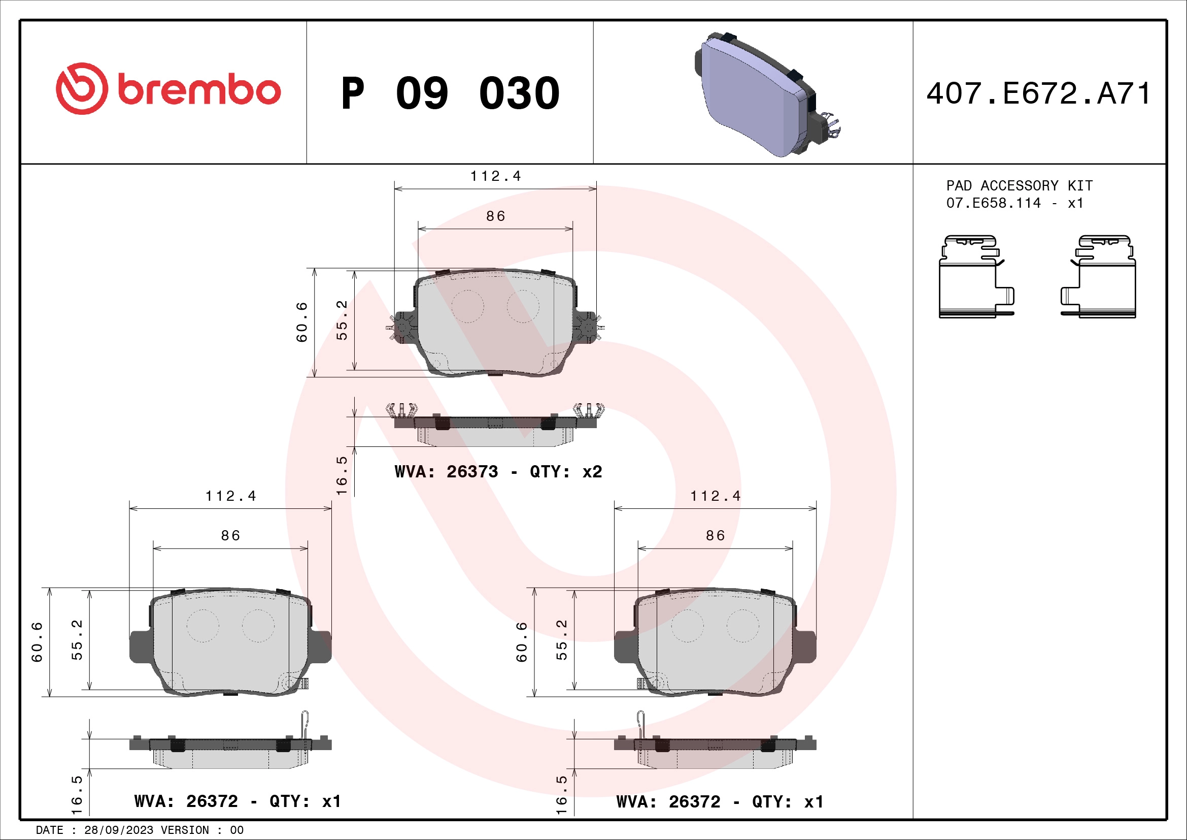 Комплект тормозных колодок дисковый тормоз prime line BREMBO P 09 030