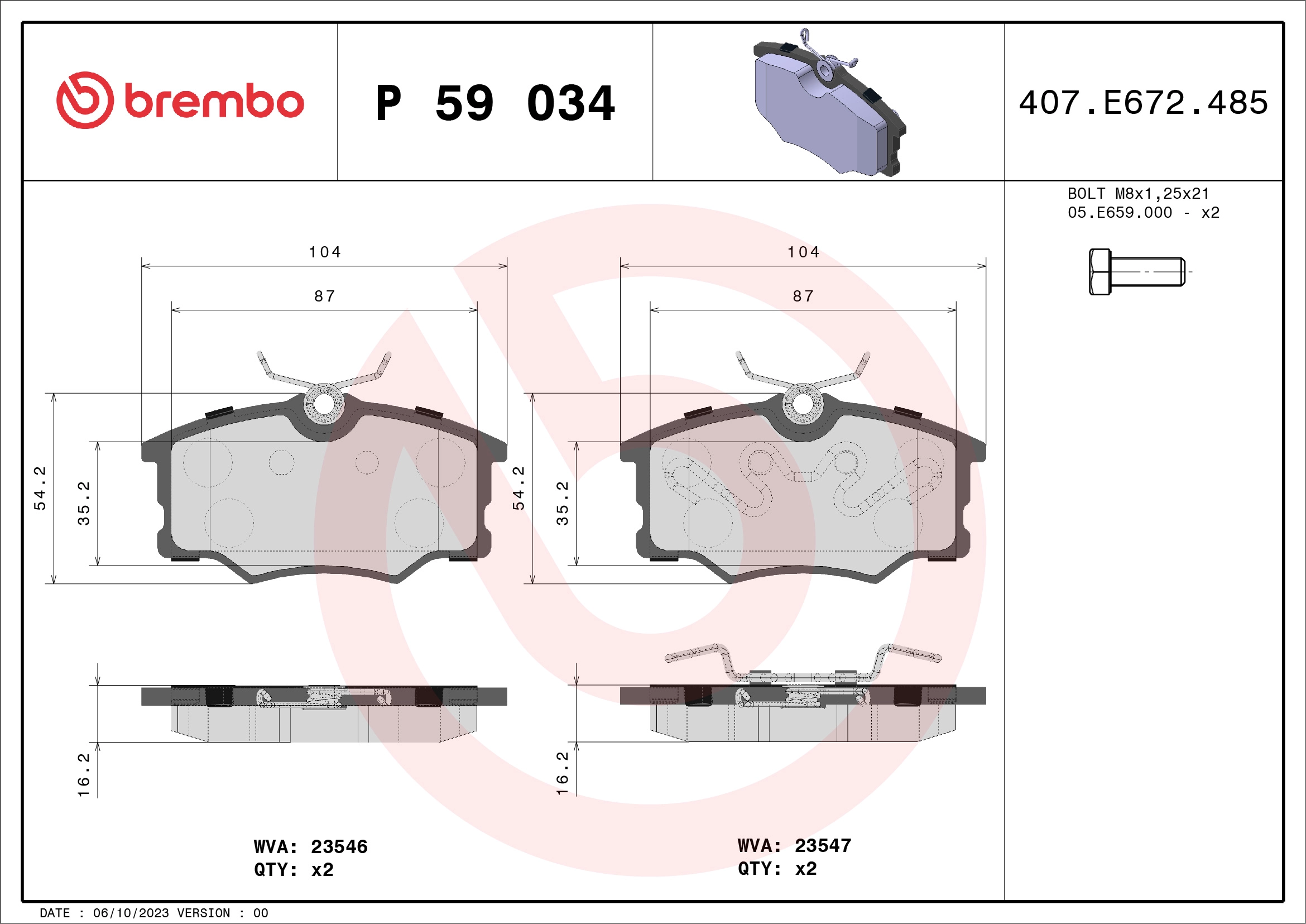 Комплект тормозных колодок дисковый тормоз prime line BREMBO P 59 034