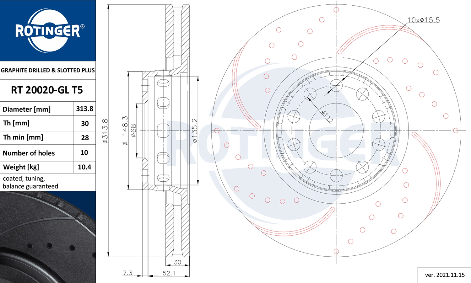 Тормозной диск graphite drilled slotted plus ROTINGER RT 20020-GL T5