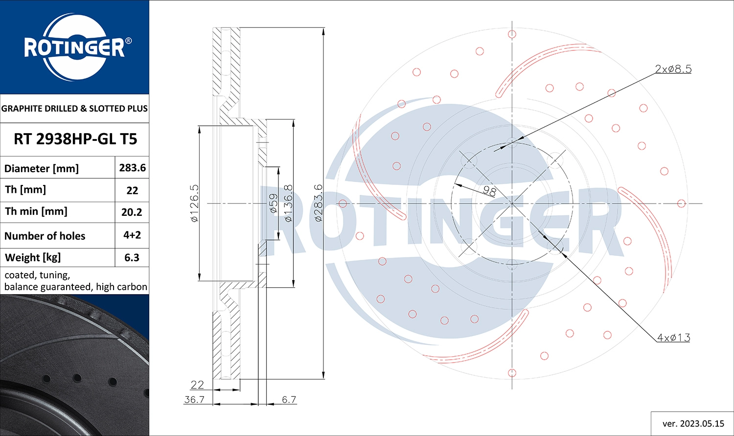 Тормозной диск graphite drilled slotted plus ROTINGER RT 2938HP-GL T5
