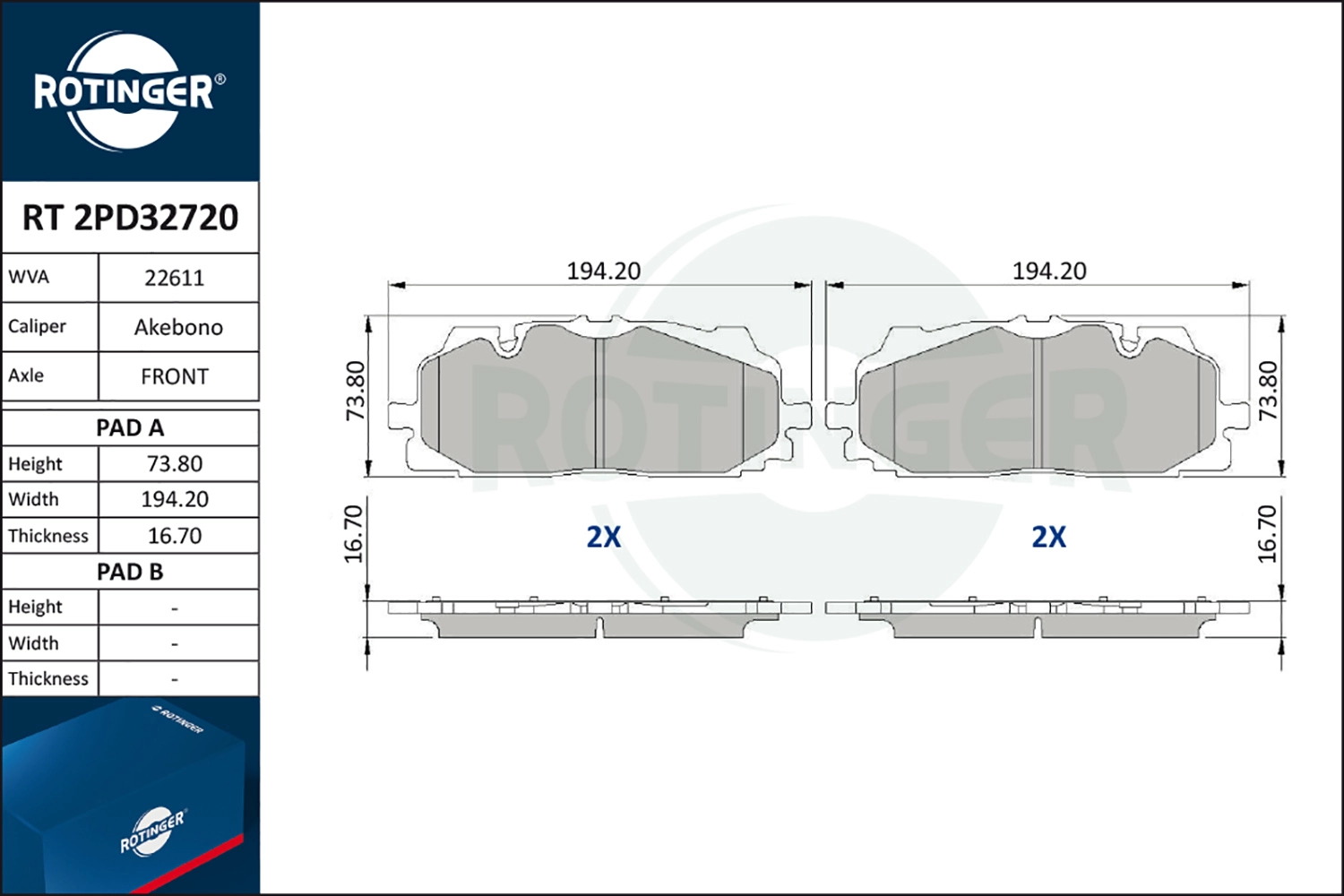 Комплект тормозных колодок дисковый тормоз ROTINGER RT 2PD32720