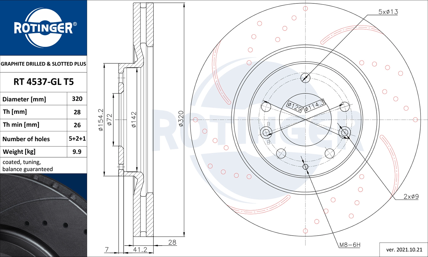 Тормозной диск graphite drilled slotted plus ROTINGER RT 4537-GL T5