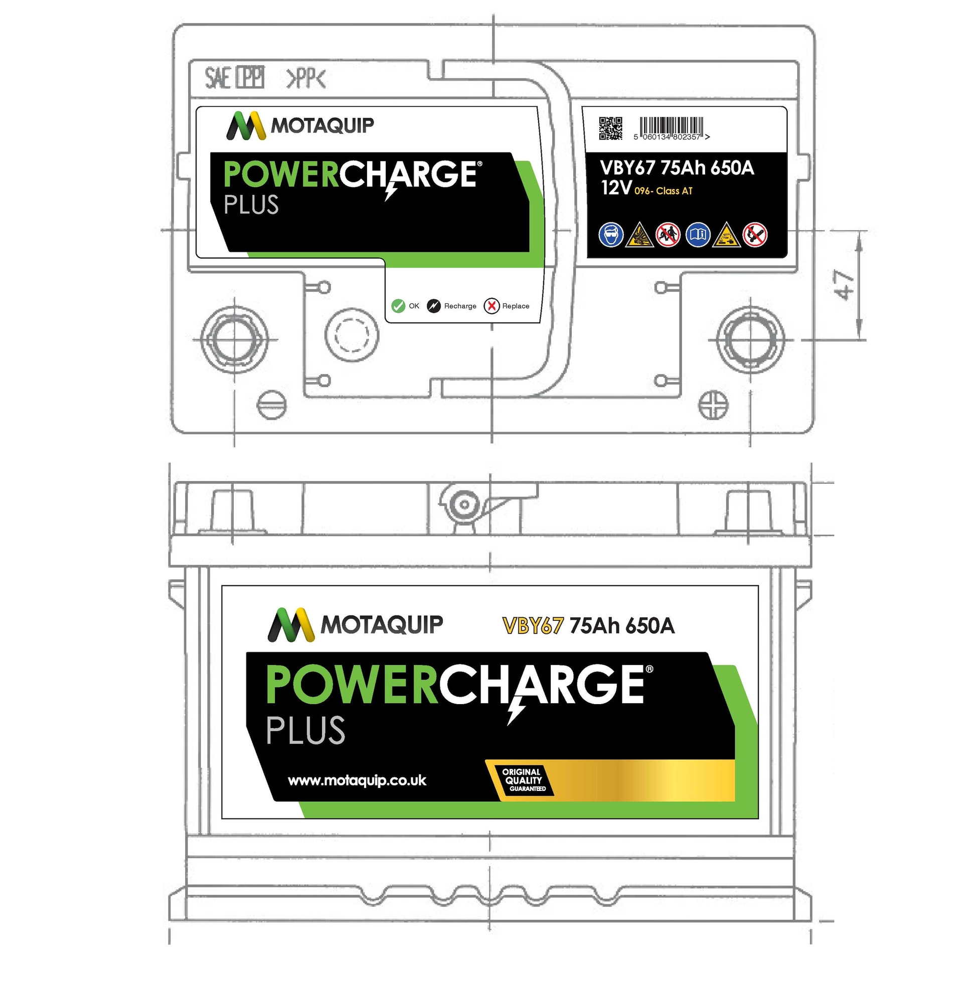 Стартерная аккумуляторная батарея powercharge plus MOTAQUIP VBY67