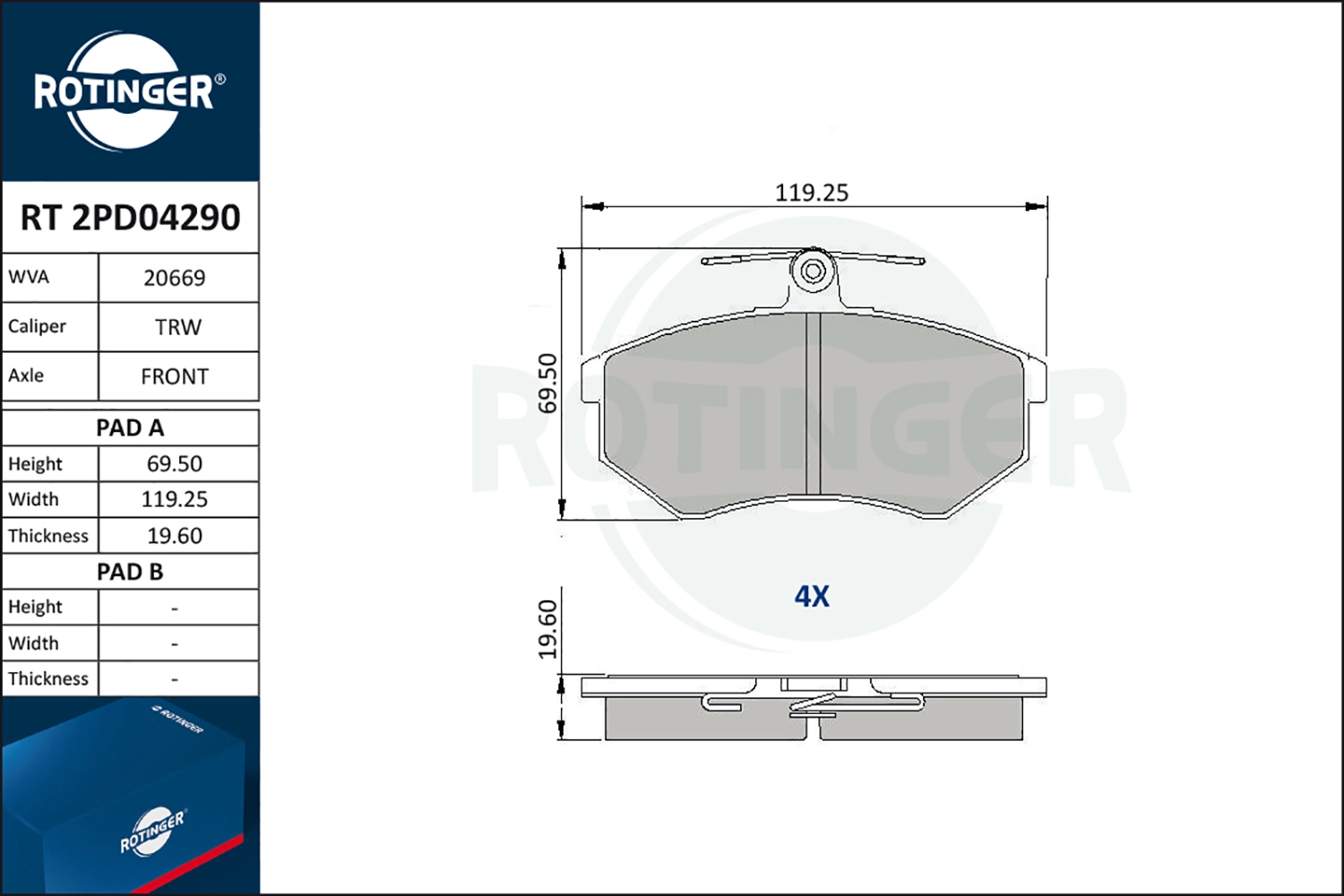 Комплект тормозных колодок дисковый тормоз ROTINGER RT 2PD04290