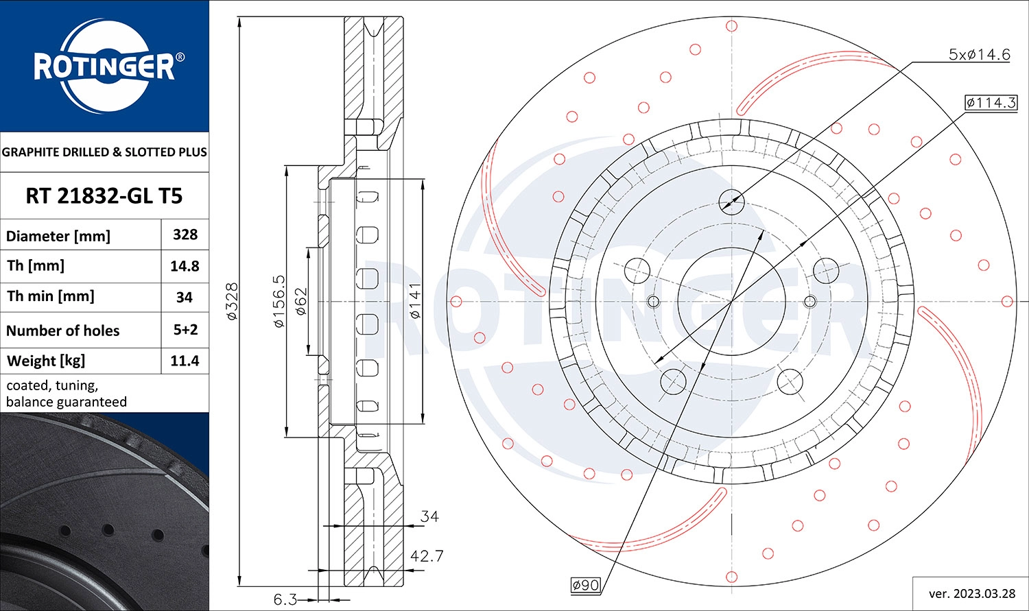 Тормозной диск graphite drilled slotted plus ROTINGER RT 21832-GL T5