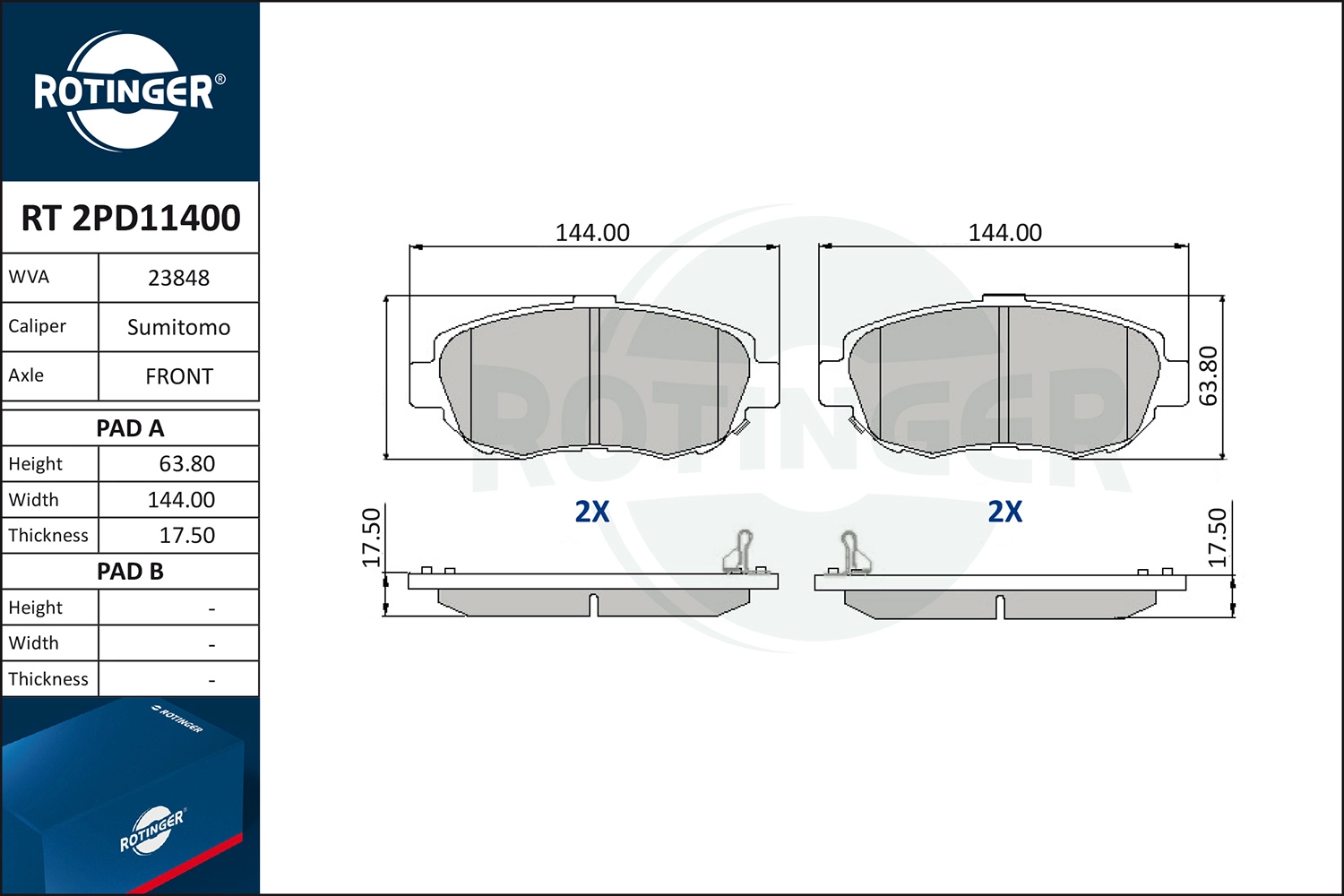 Комплект тормозных колодок дисковый тормоз ROTINGER RT 2PD11400
