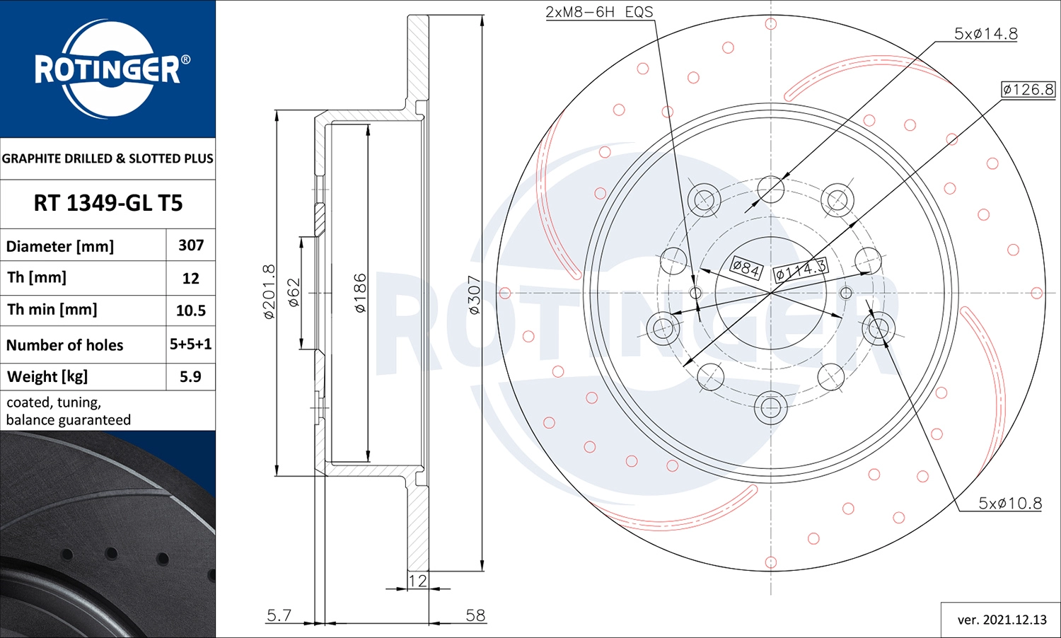 Тормозной диск graphite drilled slotted plus ROTINGER RT 1349-GL T5