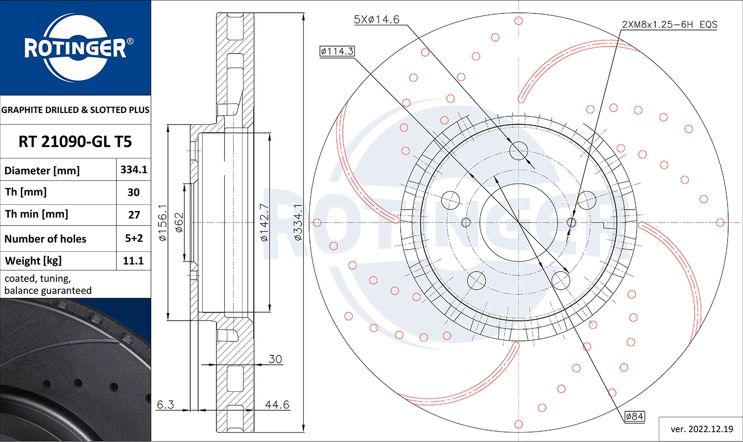 Тормозной диск graphite drilled slotted plus ROTINGER RT 21090-GL T5
