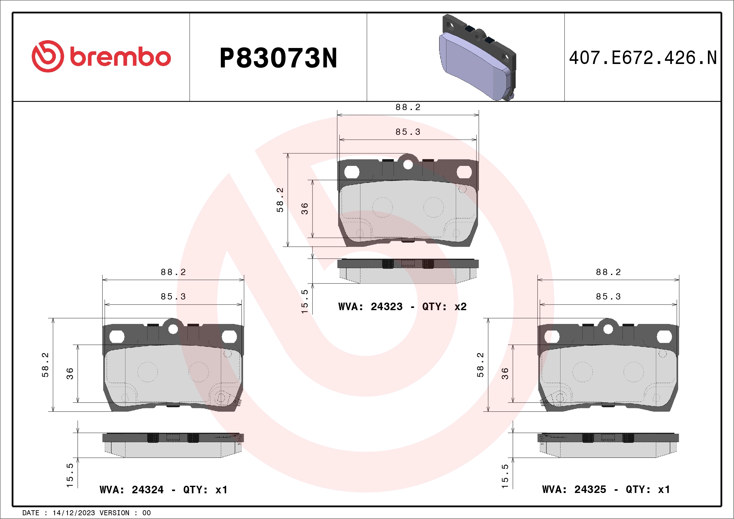 Комплект тормозных колодок дисковый тормоз prime line - ceramic BREMBO P83073N