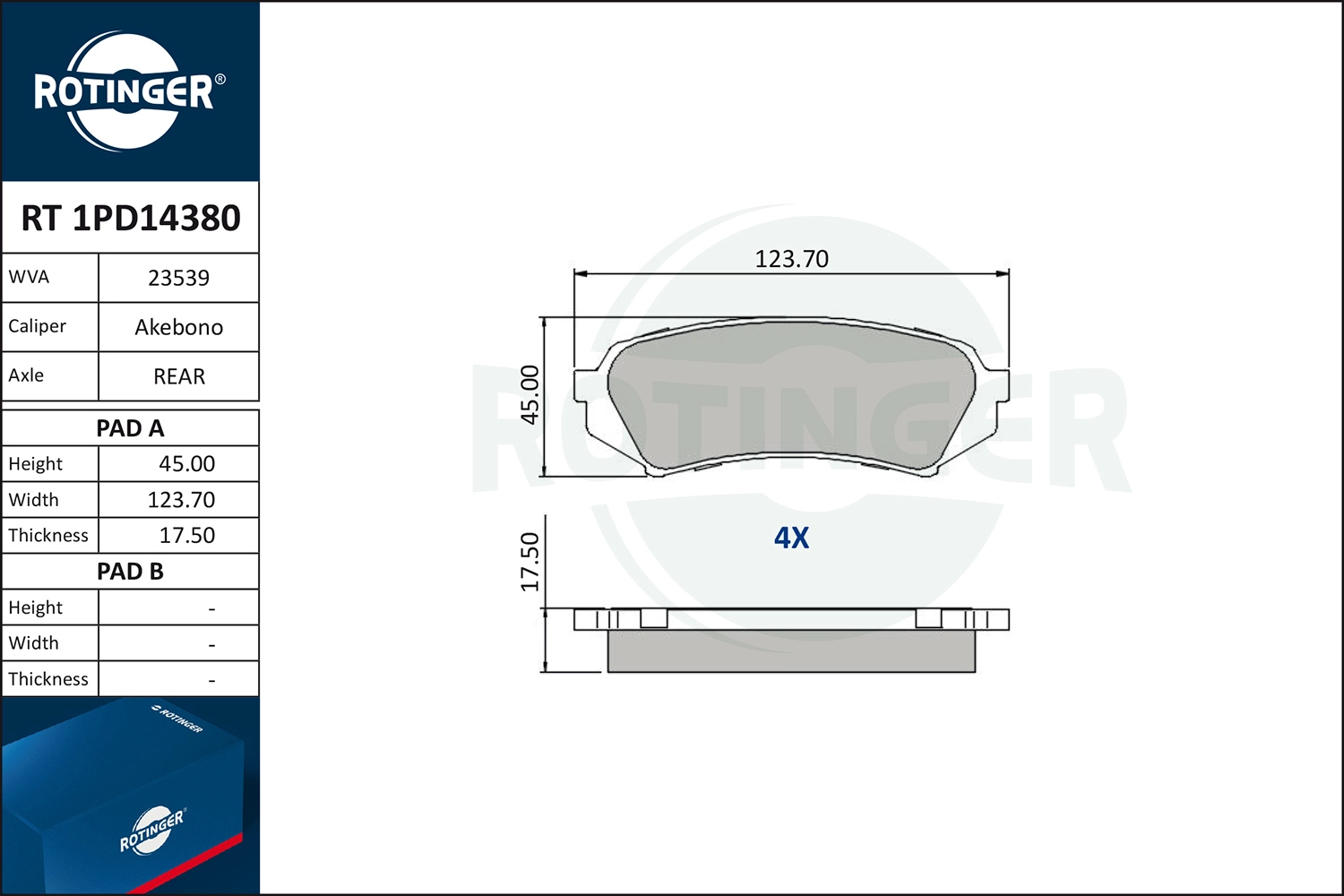 Комплект тормозных колодок дисковый тормоз ROTINGER RT 1PD14380