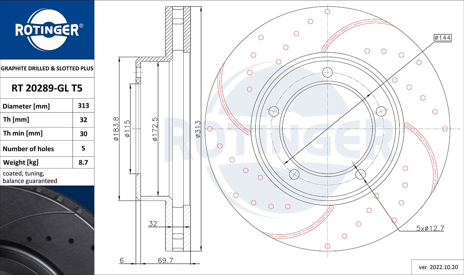 Тормозной диск graphite drilled slotted plus ROTINGER RT 20289-GL T5