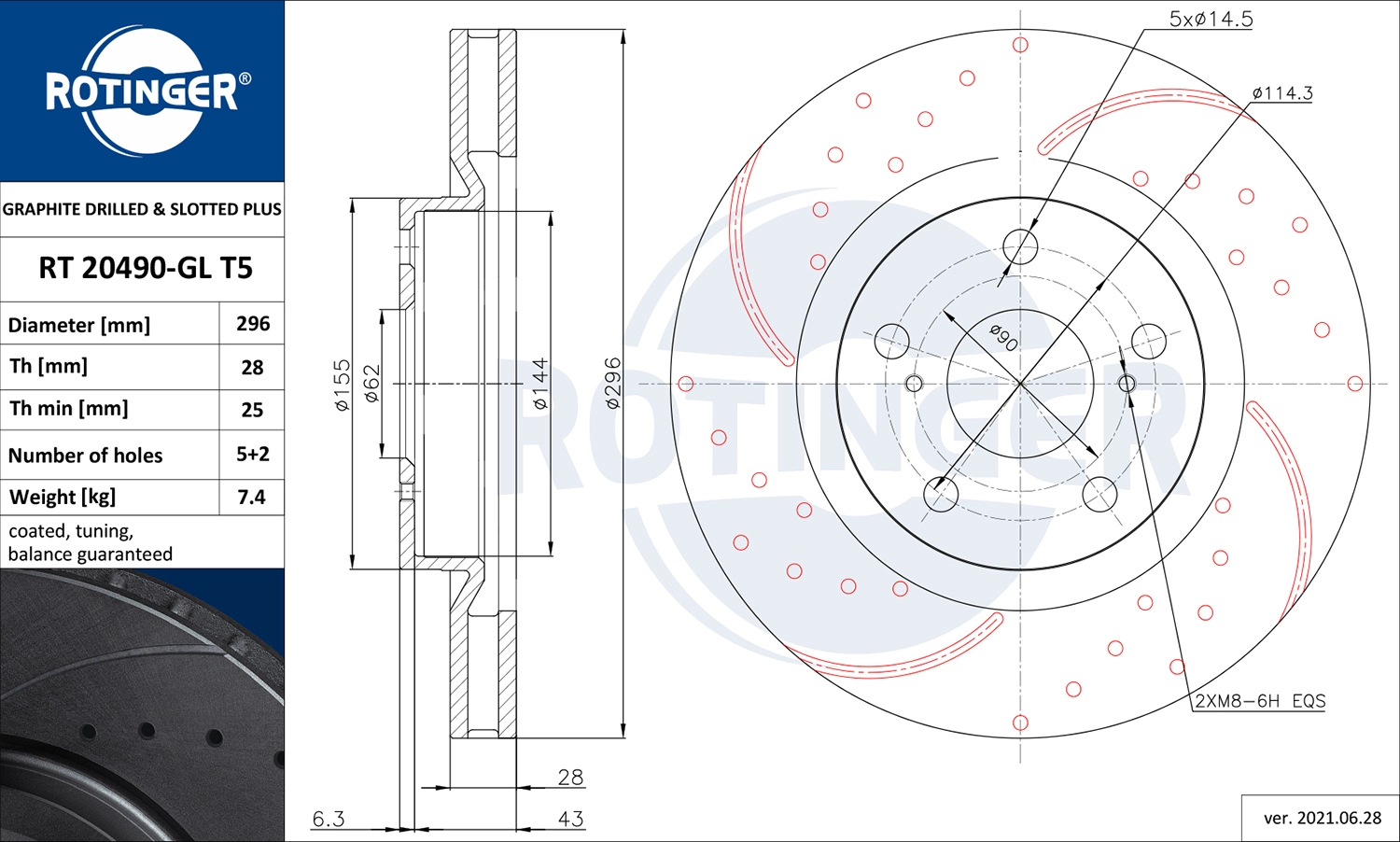 Тормозной диск graphite drilled slotted plus ROTINGER RT 20490-GL T5