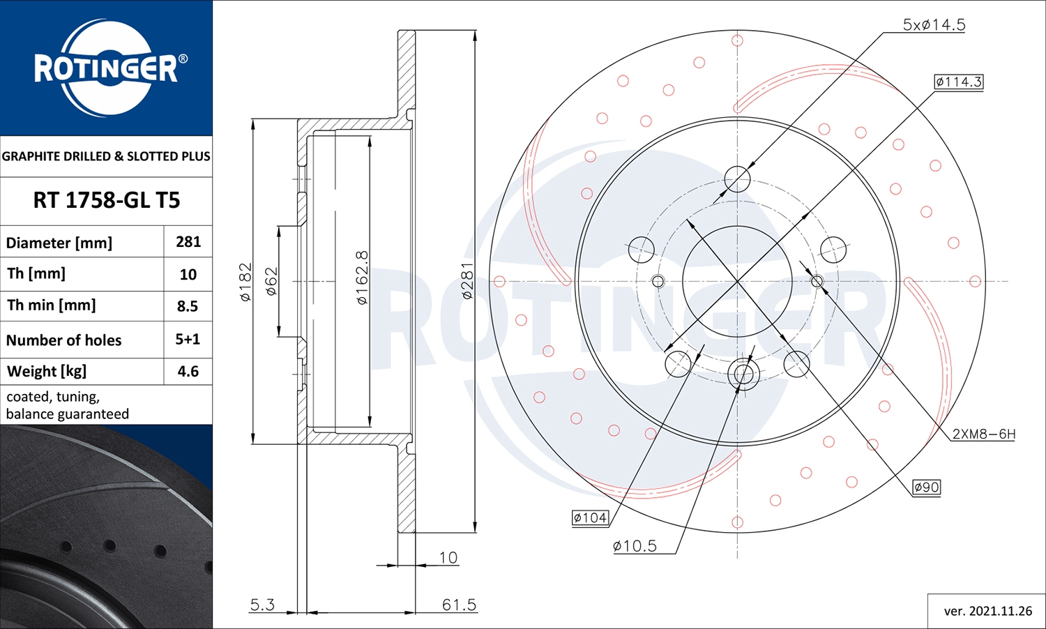 Тормозной диск graphite drilled slotted plus ROTINGER RT 1758-GL T5