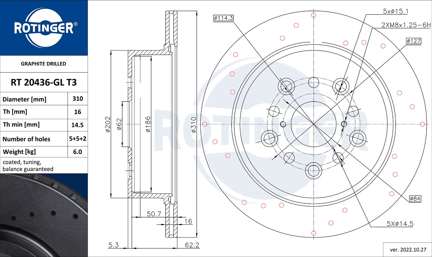 Тормозной диск graphite drilled ROTINGER RT 20436-GL T3