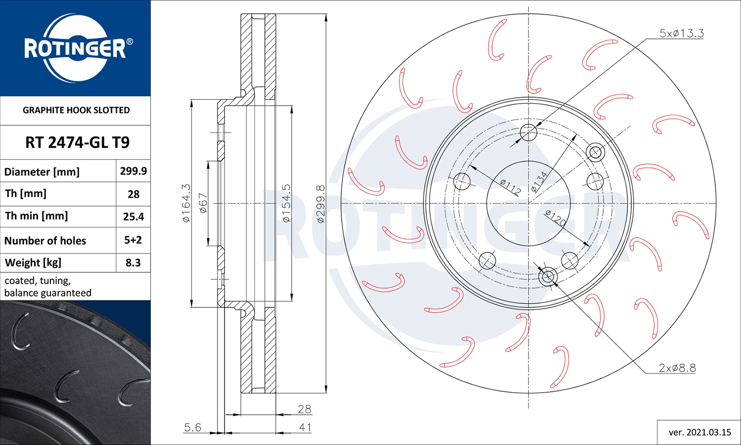Тормозной диск graphite hook slotted ROTINGER RT 2474-GL T9
