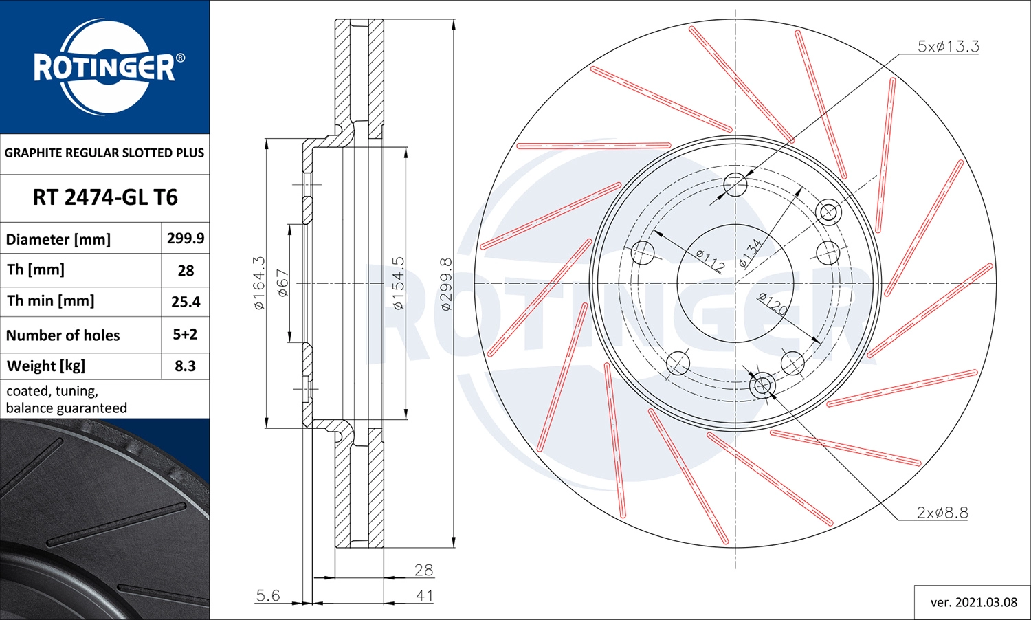 Тормозной диск graphite regular slotted plus ROTINGER RT 2474-GL T6